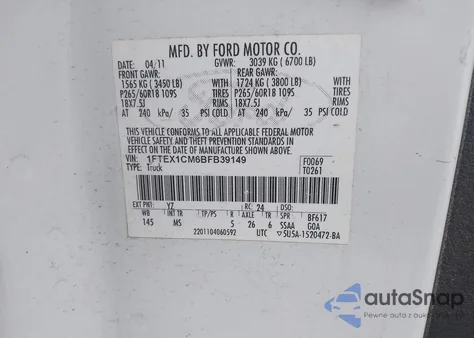 2011 Ford F-150 Xlt z USA, uszkodzony, nr VIN 1FTEX1CM6BFB39149